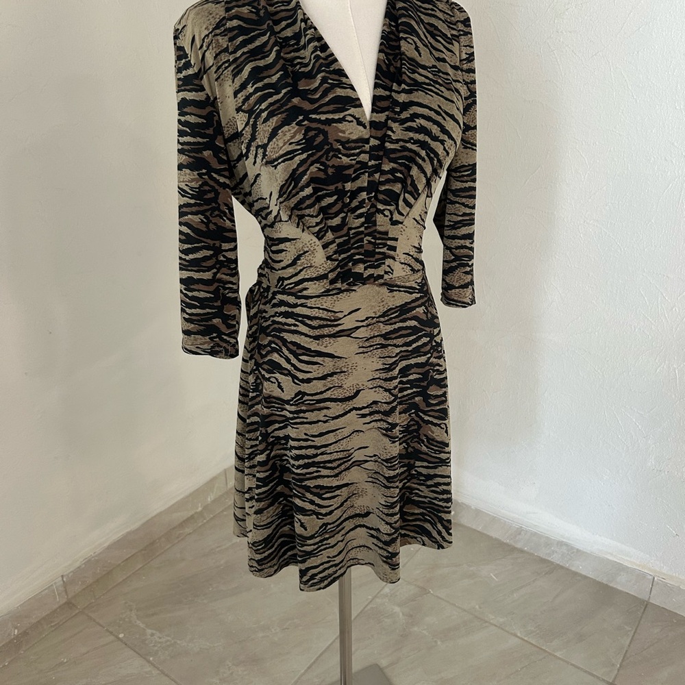 Black and Cream Ruched Wrap Dress with Plunge Neckline
